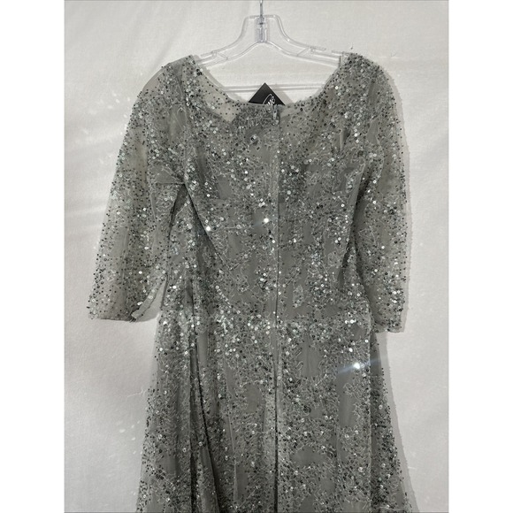 NWT $458 La Femme [ 10 ] 30002 Lace Beaded Short Midi A Line Dress Silver S2106 - Picture 12 of 13